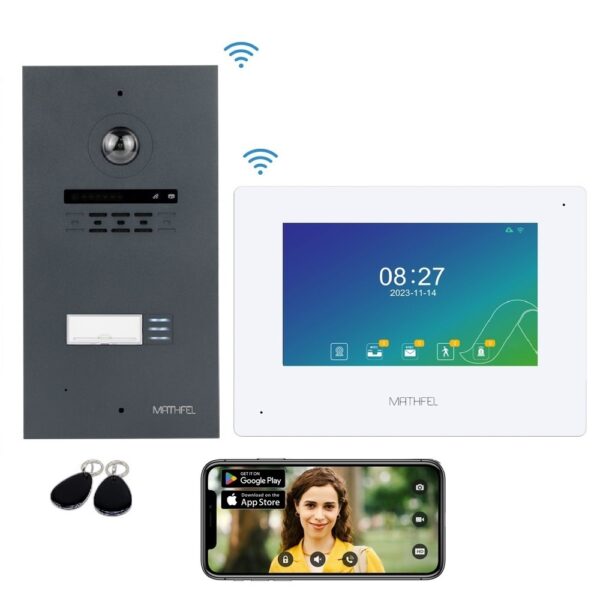 Mathfel Funk IP Video Türsprechanlage | WLAN Monitor | Touchscreen Full HD | 170 Grad | RFID | Außenstation in Anthrazit | 1-Familienhaus