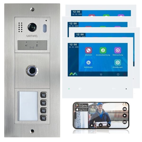 Mathfel 2-Draht IP | WLAN Türsprechanlage | Fingerprint | RFID | Außenstation in Edelstahl | für Aufputz | oder Unterputz Montage  | 4-Familienhaus
