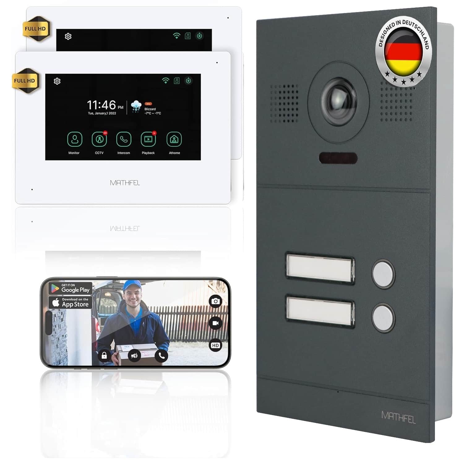 Mathfel 4-Draht WLAN Türsprechanlage | 170° HD Kamera | Anthrazit | 2-Familienhaus – Ansicht 1
