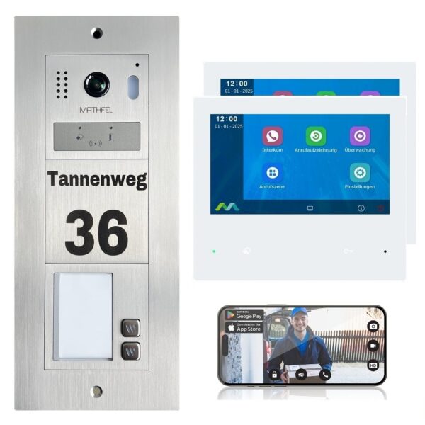 Mathfel 2-Draht IP WLAN Türsprechanlage | Gravur & RFID Edelstahl Außenstation | Aufputz/Unterputz | 2-Familienhaus