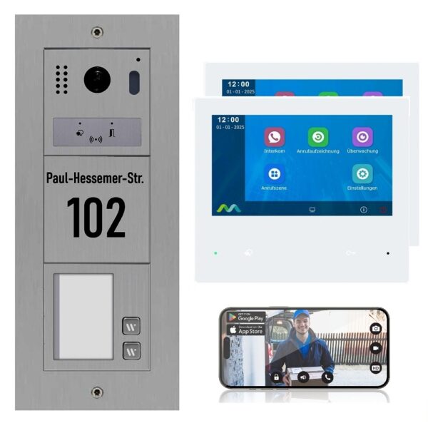 2 Familienhaus 2 Draht BUS WLAN Türsprechanlage mit Gravur, Außenstation in Edelstahl für unterputz oder aufputz Montage