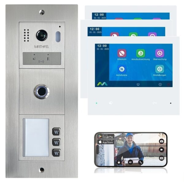 Mathfel 2-Draht BUS | WLAN Türsprechanlage | Fingerprint | Außenstation in Edelstahl | für Aufputz oder Unterputz Montage | 3-Familienhaus