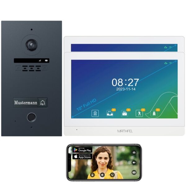 1 Familienhaus Fingerprint 2 Draht BUS WLAN Video-Türsprechanlage, 10 Zoll Monitor mit Full HD 2 Megapixel 170 Grad Weitwinkelkamera -Außenstation in Anthrazit mit Gravur