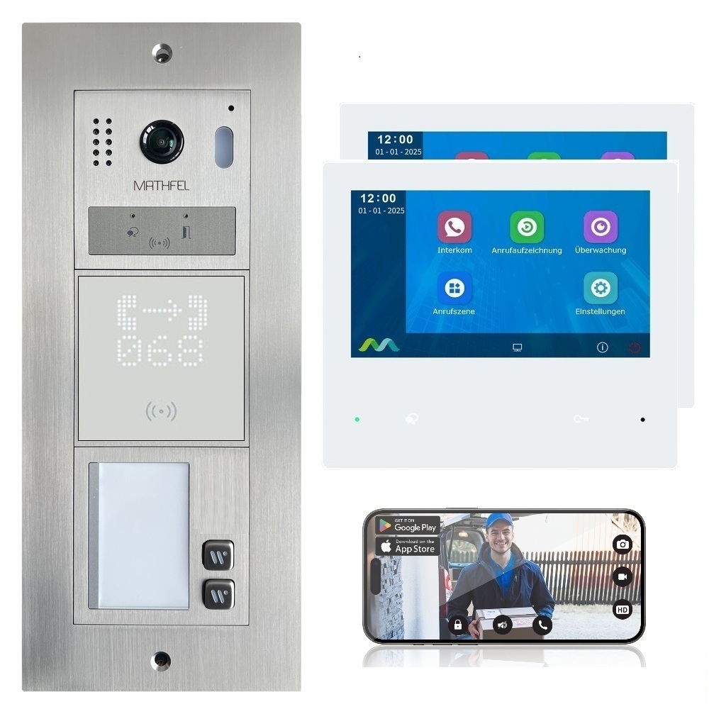Mathfel 2-Draht BUS IP Video-Türsprechanlage | RFID Zugang & optional WLAN |  Aufputz/Unterputz | 2-Familienhaus