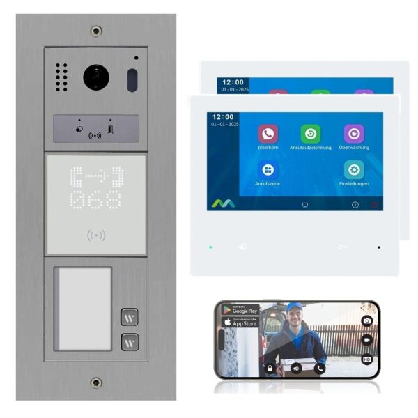 2 Familienhaus 2 Draht BUS WLAN Türsprechanlage mit RFID, Außenstation in Edelstahl für Aufputz oder Unterputz Montage