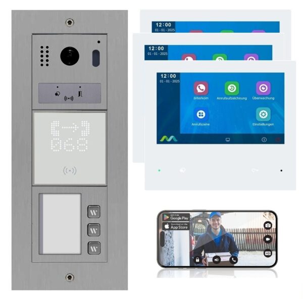 3 Familienhaus 2 Draht BUS WLANTürsprechanlage mit RFID, Außenstation in Edelstahl für Aufputz oder Unterputz Montage