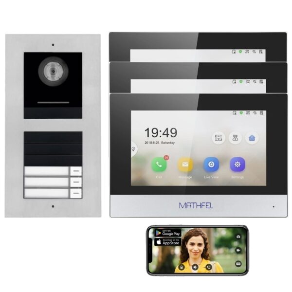 Mathfel LAN IP Video Türsprechanlage | IP65 170° HD Kamera Edelstahl Unterputz | 3 Familienhaus