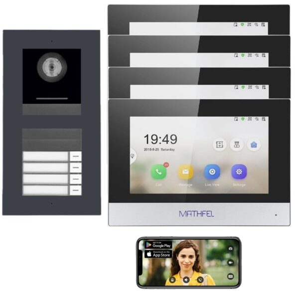 Mathfel LAN IP Video Türsprechanlage | IP65 170° Full HD Kamera Anthrazit Unterputz | 4 Familienhaus