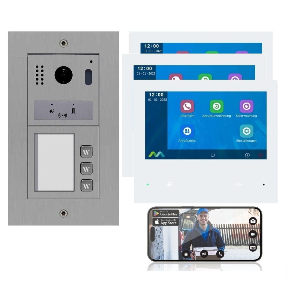 3 Familienhaus 2 Draht BUS WLAN Türsprechanlage, Außenstation in Edelstahl für Unterputz  oder Aufputz Montage