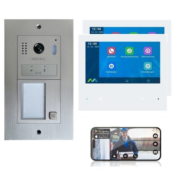 Mathfel 2-Draht BUS IP Video-Türsprechanlage | WLAN integriert | Edelstahl Außenstation | Aufputz/Unterputz | 1-Familienhaus