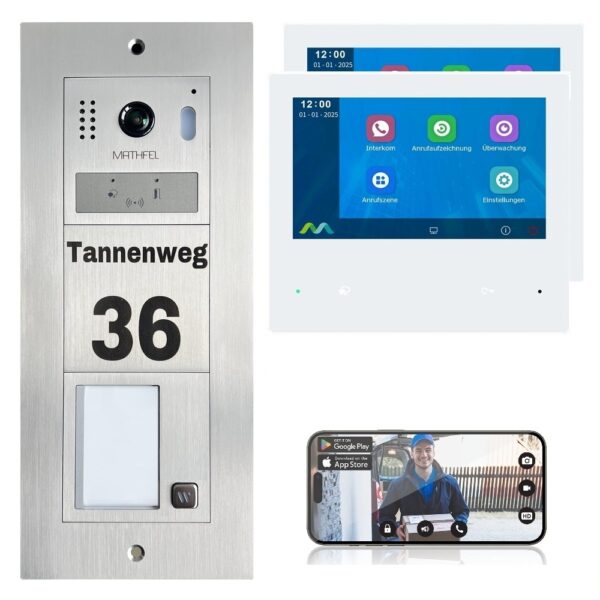 Mathfel 2-Draht IP WLAN Video-Türsprechanlage | Gravur & RFID Edelstahl Außenstation | Aufputz/Unterputz | 1-Familienhaus