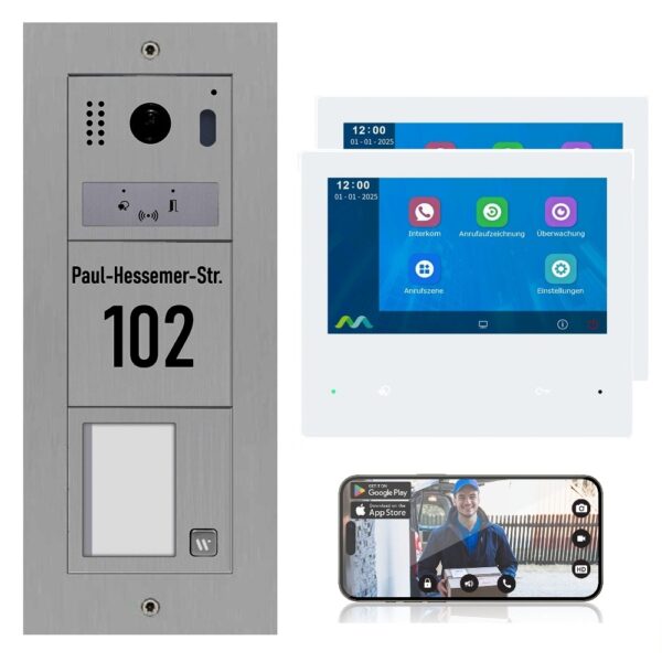 1 Familienhaus 2 Draht BUS WLAN Türsprechanlage mit Gravur, Außenstation in Edelstahl für Aufputz oder Unterputz Montage