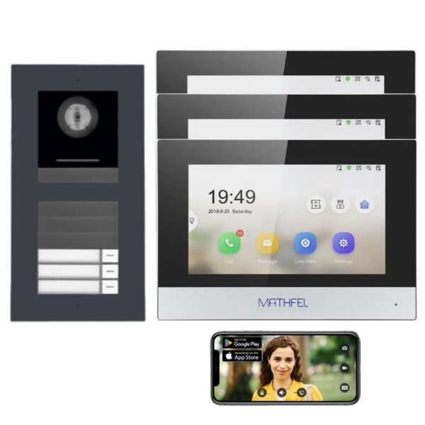 Mathfel LAN IP Video Türsprechanlage | IP65 170° HD Kamera Edelstahl Anthrazit 3x7'' Touchscreen Monitore | 3 Familienhaus