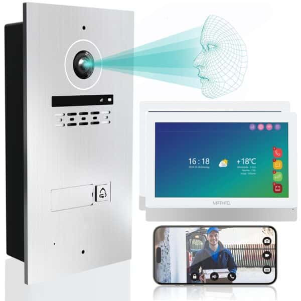 Mathfel 2-Draht BUS WLAN Video-Türsprechanlage | Gavur | Gesichtserkennung | 7″ oder 9″ Monitor mit 2MP HD 170° Kamera | Außenstation Silber | 1-Familienhaus