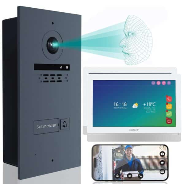 Mathfel 2-Draht BUS WLAN Video-Türsprechanlage | Gesichtserkennung | 7 Zoll oder 9 Zoll Monitor | 2 Megapixel HD Kamera | 170° Weitwinkel Außenstation Anthrazit | 1-Familienhaus