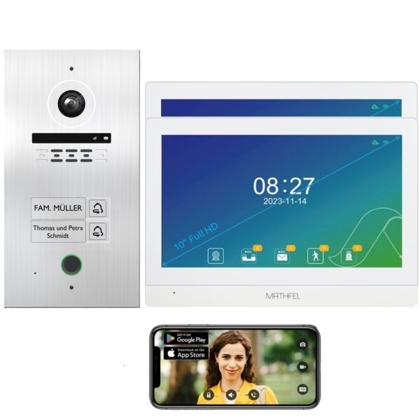 Mathfel 2-Draht BUS WLAN Video-Türsprechanlage | Fingerprint | 7- oder 10-Zoll Monitor | Full HD 2 Megapixel | 170 Grad Weitwinkelkamera | Außenstation in Silber mit Gravur | 2-Familienhaus