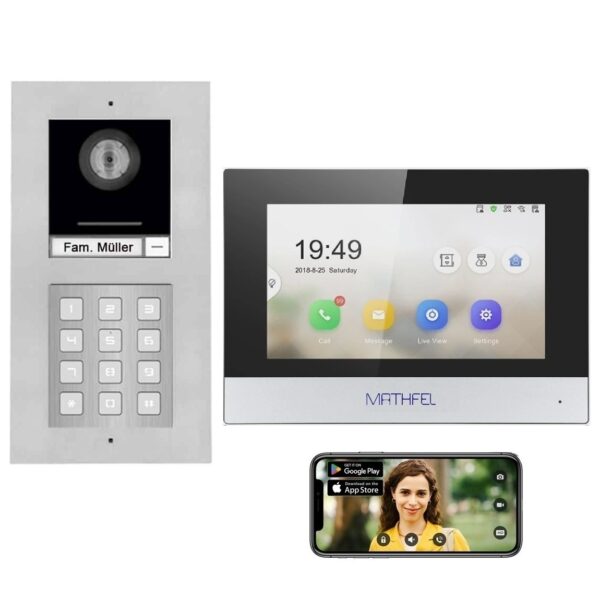 Mathfel IP Video-Türsprechanlage | Zahlencode | Silber | Unterputz | 1-Familienhaus
