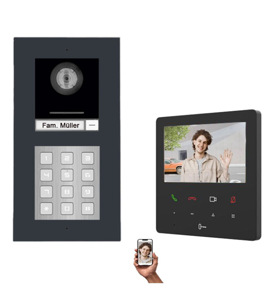 1-Familienhaus Zahlencode IP Video Türsprechanlage in Anthrazit für Unterputz oder Aufputz Montage