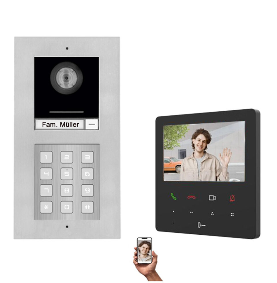 1-Familienhaus Zahlencode IP Video Türsprechanlage in Silber für Unterputz oder Aufputz Montage