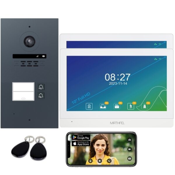 Mathfel 2 Draht BUS WLAN Video Türsprechanlage | 7 oder 10 Zoll Monitor Full HD 2MP 170 Grad Weitwinkelkamera Außenstation Anthrazit RFID | 2 Familienhaus