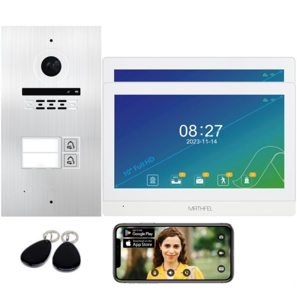 Mathfel 2 Draht BUS WLAN Video Türsprechanlage | 7 oder 10 Zoll Monitor Full HD 2MP 170 Grad Weitwinkelkamera Außenstation Silber RFID | 2 Familienhaus