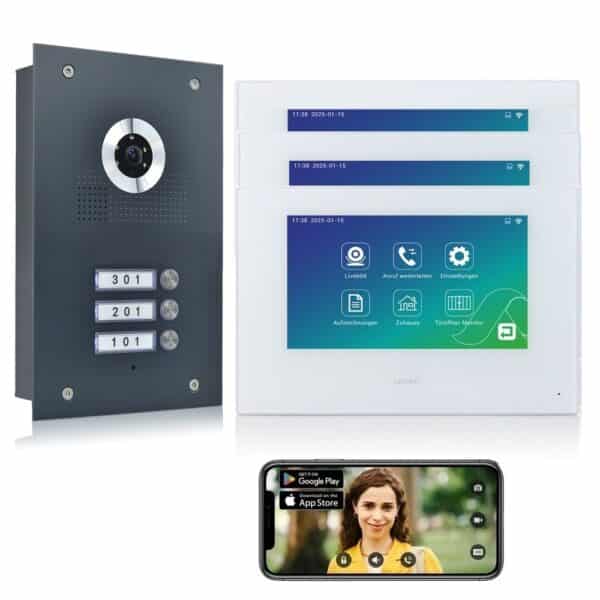 Mathfel 2 Draht BUS IP Video Türsprechanlage | WLAN Außenstation Anthrazit | 3 Familienhaus