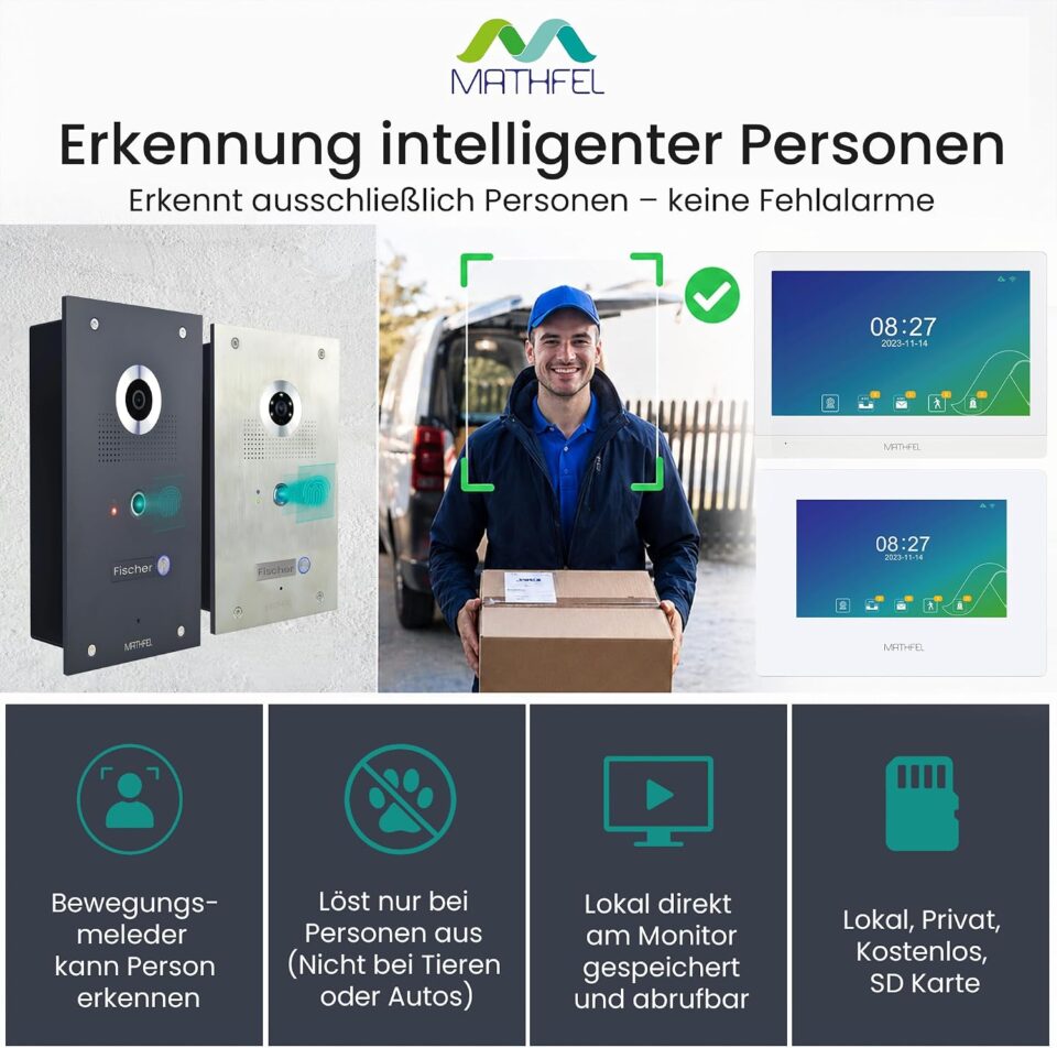 2-Draht IP Videotürsprechanlage | Fingerprint | Full-HD 170° Kamera | Human-Bewegungsmelder |… – Ansicht 4