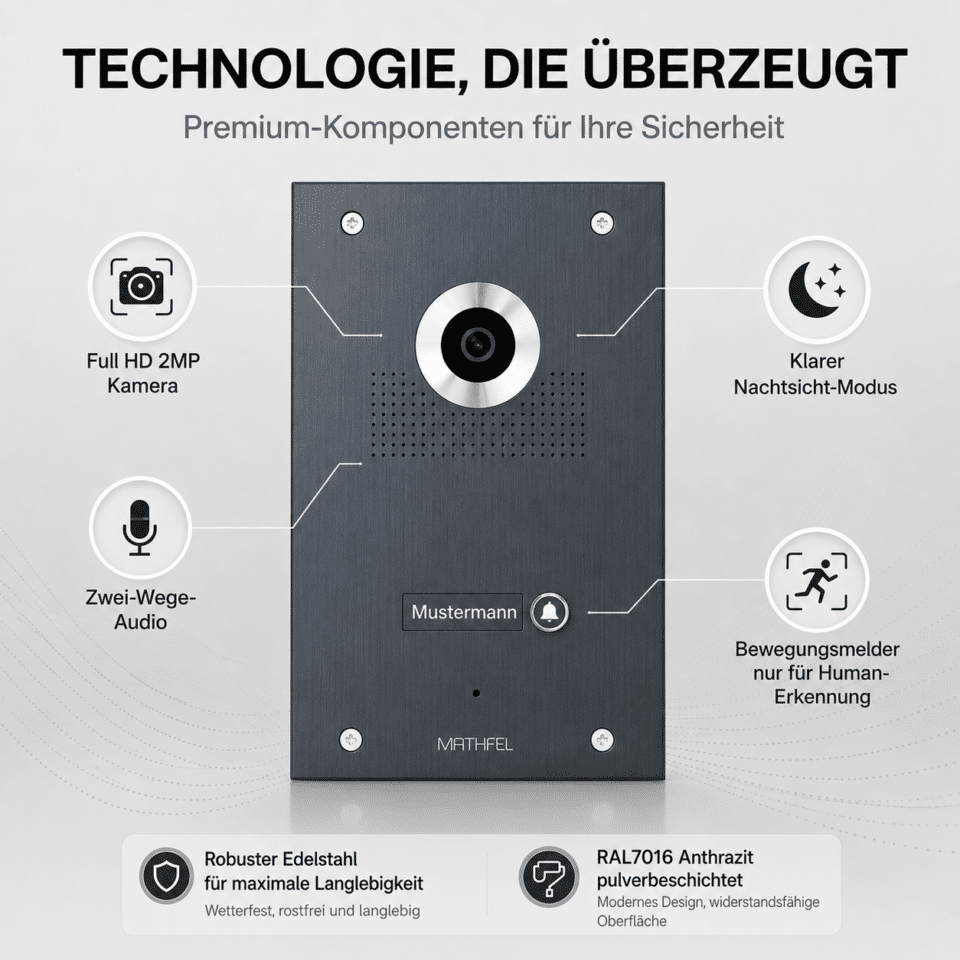 2-Draht IP Videotürsprechanlage | Full-HD 170° Kamera | Human-Bewegungsmelder | WLAN-Monitor… – Ansicht 3