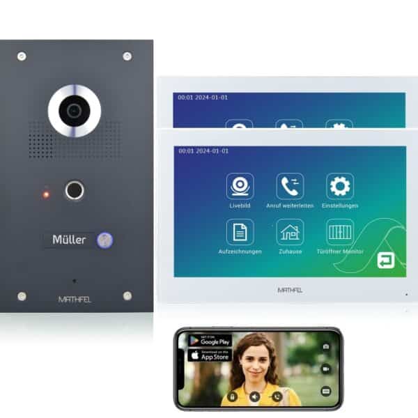 Mathfel 2-Draht IP Videotürsprechanlage | Fingerprint | Full-HD 170° Kamera | Human-Bewegungsmelder | WLAN-Monitor 7″/10″ | Anthrazit | Gravur