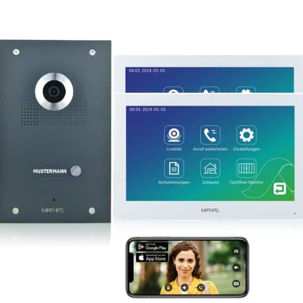 Mathfel 2-Draht IP Videotürsprechanlage | Full-HD 170° Kamera | Human-Bewegungsmelder | WLAN-Monitor 7″/10″ | Anthrazit | Gravur