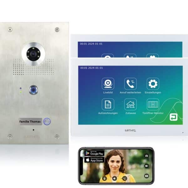Mathfel 2-Draht IP Videotürsprechanlage | Fingerprint | Full-HD 170° Kamera | Human-Bewegungsmelder | WLAN-Monitor 7″/10″ | Silber | Gravur