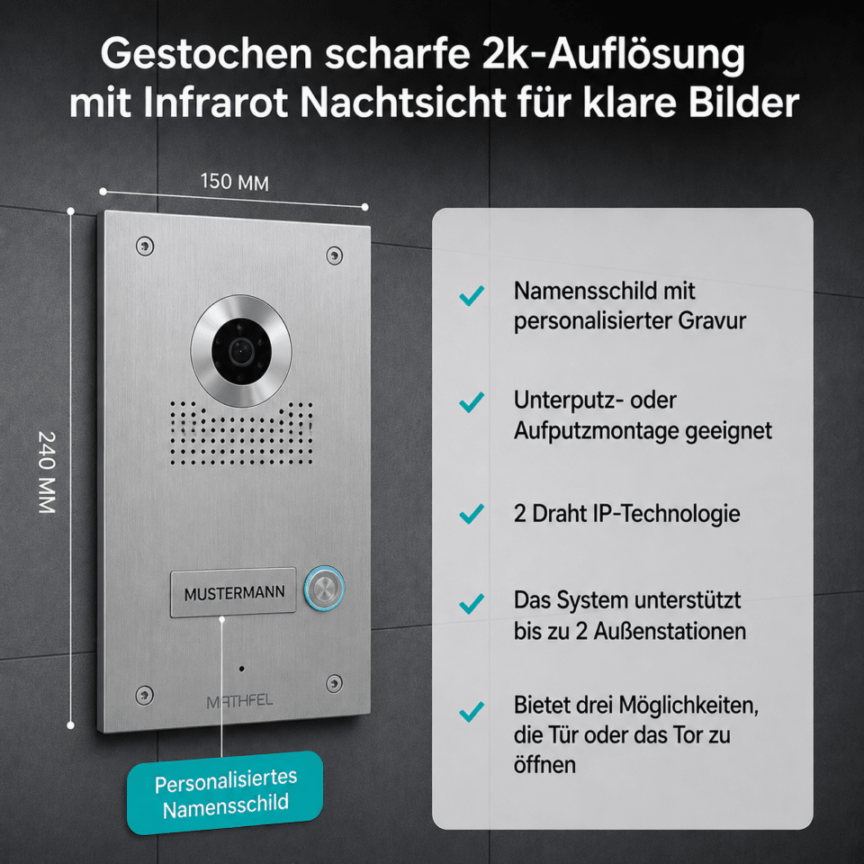 2-Draht IP Videotürsprechanlage | Full-HD 170° Kamera | Human-Bewegungsmelder | WLAN-Monitor… – Ansicht 2
