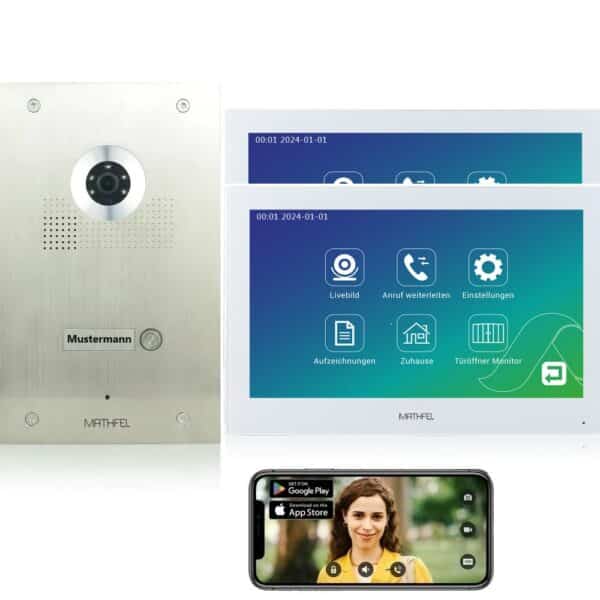 Mathfel 2-Draht IP Videotürsprechanlage | Full-HD 170° Kamera | Human-Bewegungsmelder | WLAN-Monitor 7″/10″ | Edelstahl | Gravur