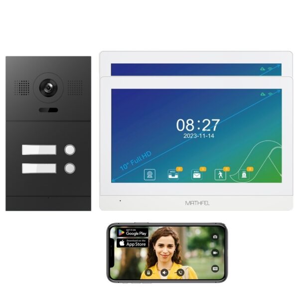 Mathfel 2-Draht Video-Türsprechanlage 2-Familienhaus | 10" Monitor Full HD | 170° Kamera | Gesichtserkennung | Nachtsicht | Anthrazit