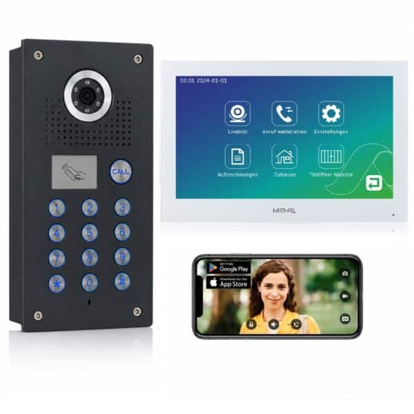 Mathfel 2-Draht IP Videotürsprechanlage | Code | RFID | Full-HD Kamera | Human-Bewegungsmelder | WLAN-Monitor 10″ | Anthrazit
