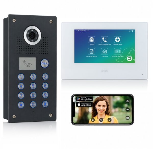 Mathfel 2-Draht IP Videotürsprechanlage | Code | RFID | Full-HD Kamera | Human-Bewegungsmelder | WLAN-Monitor 7″ | Anthrazit